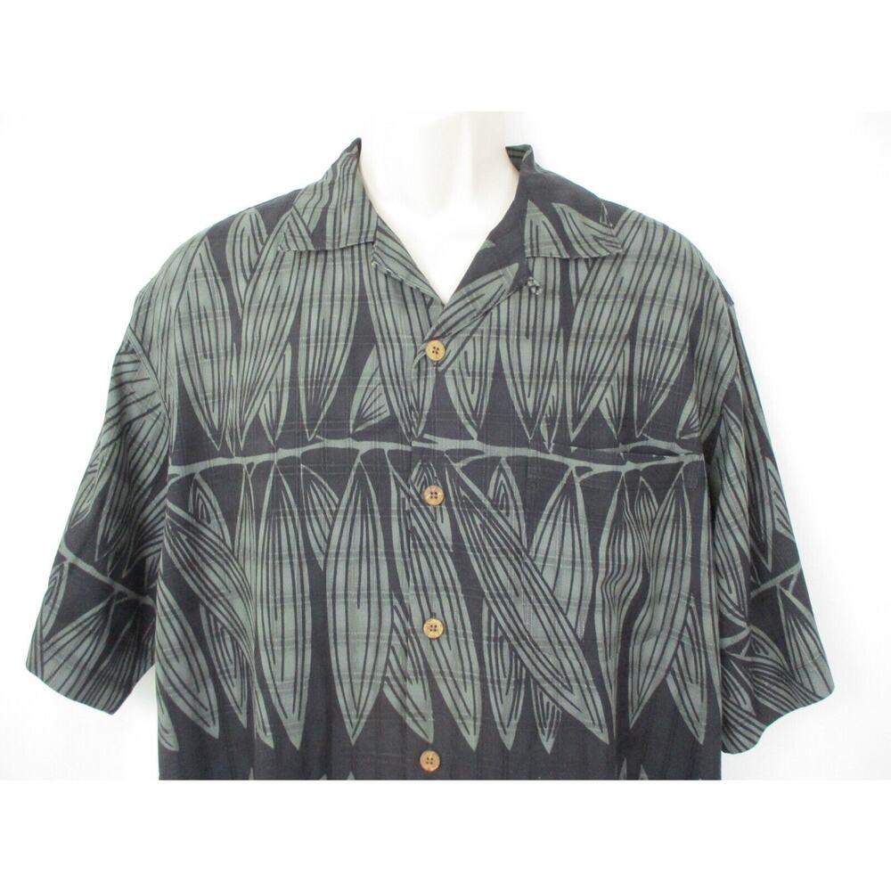 Tommy Bahama Mens Medium Silk Shirt Leaf Print Black Green Camp Hawaiian Pocket - Picture 3 of 14